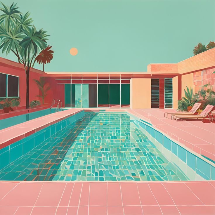 David Hockney Swimming Pool Aesthetic Modern Minimalist Art Evening Moon