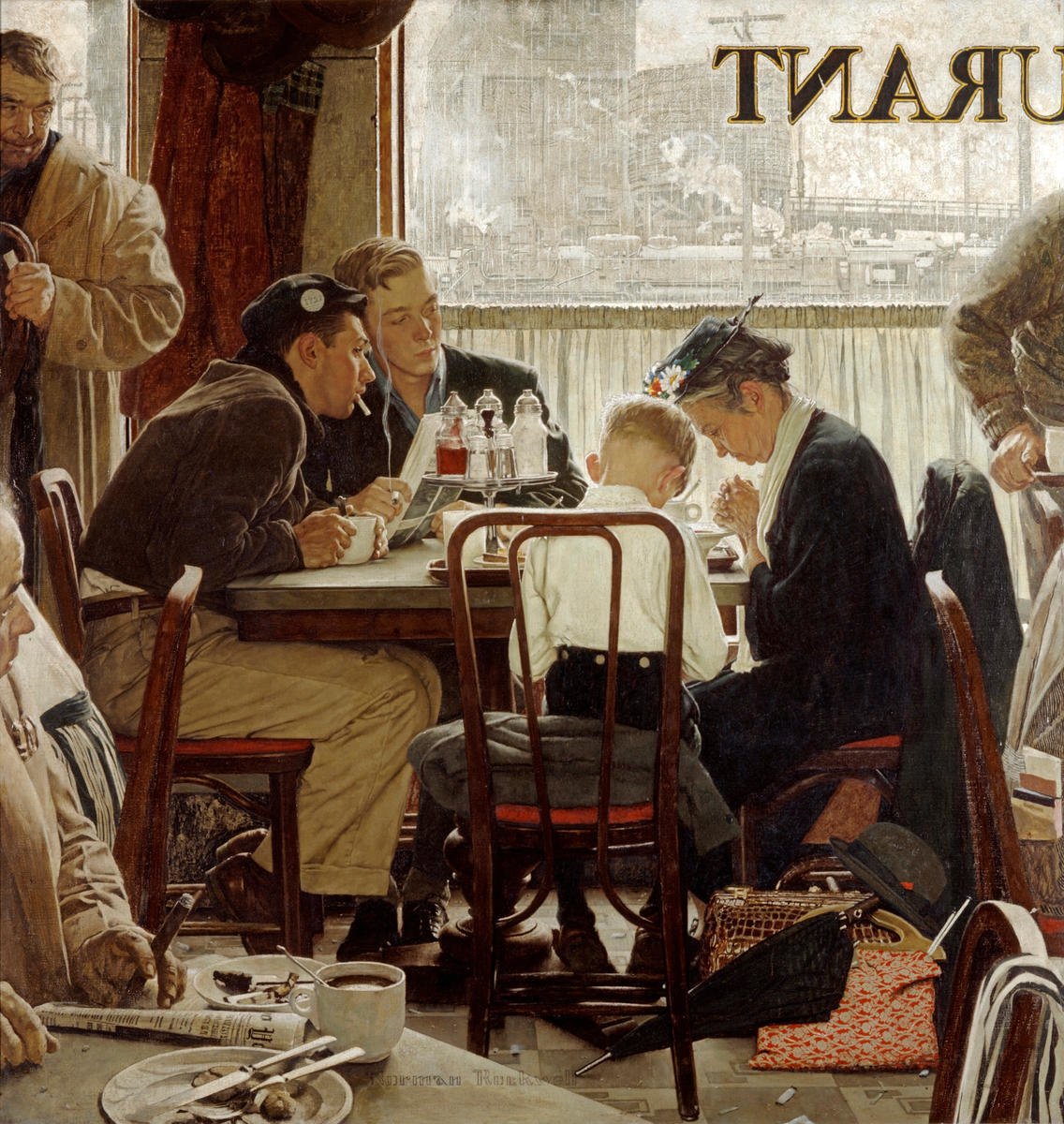 James Lucas on X: "This is one of the most beloved paintings in America, and it captures something we rarely see anymore: a person unafraid to be exactly who they are, in front of a room full of strangers... The painting is Saying Grace, made by Norman Rockwell for the Thanksgiving cover of the https://t.co/vG9LXRCI8r" / X