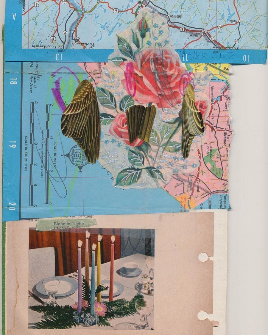Off course, 2026 Mixed media collage on book cover. Cait Elizabeth makes collages on used hardcover books—paper scraps, vintage cookbooks, things she finds cute. | Curater