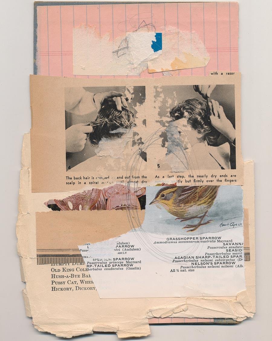 Off course, 2026 Mixed media collage on book cover. Cait Elizabeth makes collages on used hardcover books—paper scraps, vintage cookbooks, things she finds cute. | Curater