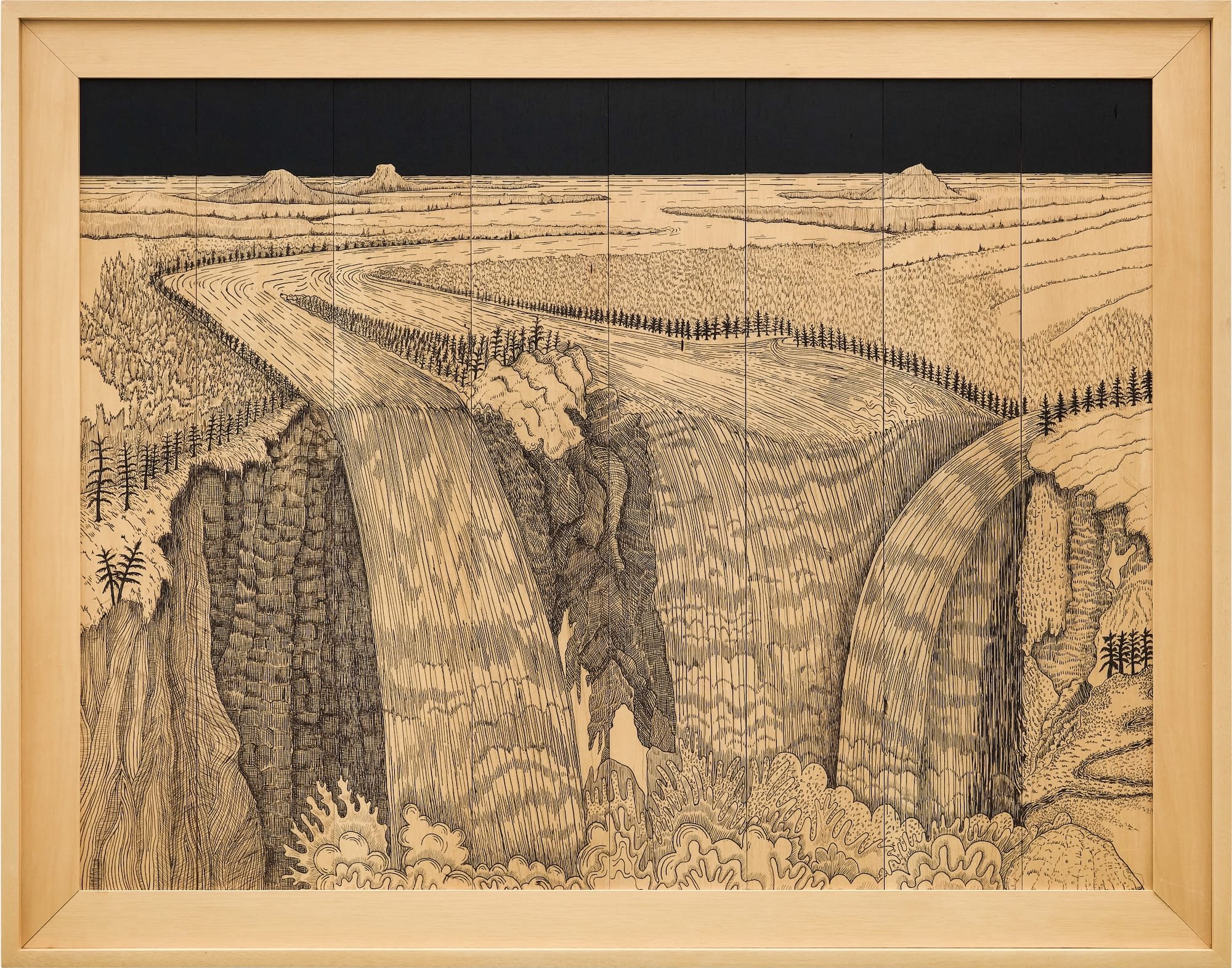 Uncanny Landscapes in Pen and Ink Span Wooden Panels by John Buck