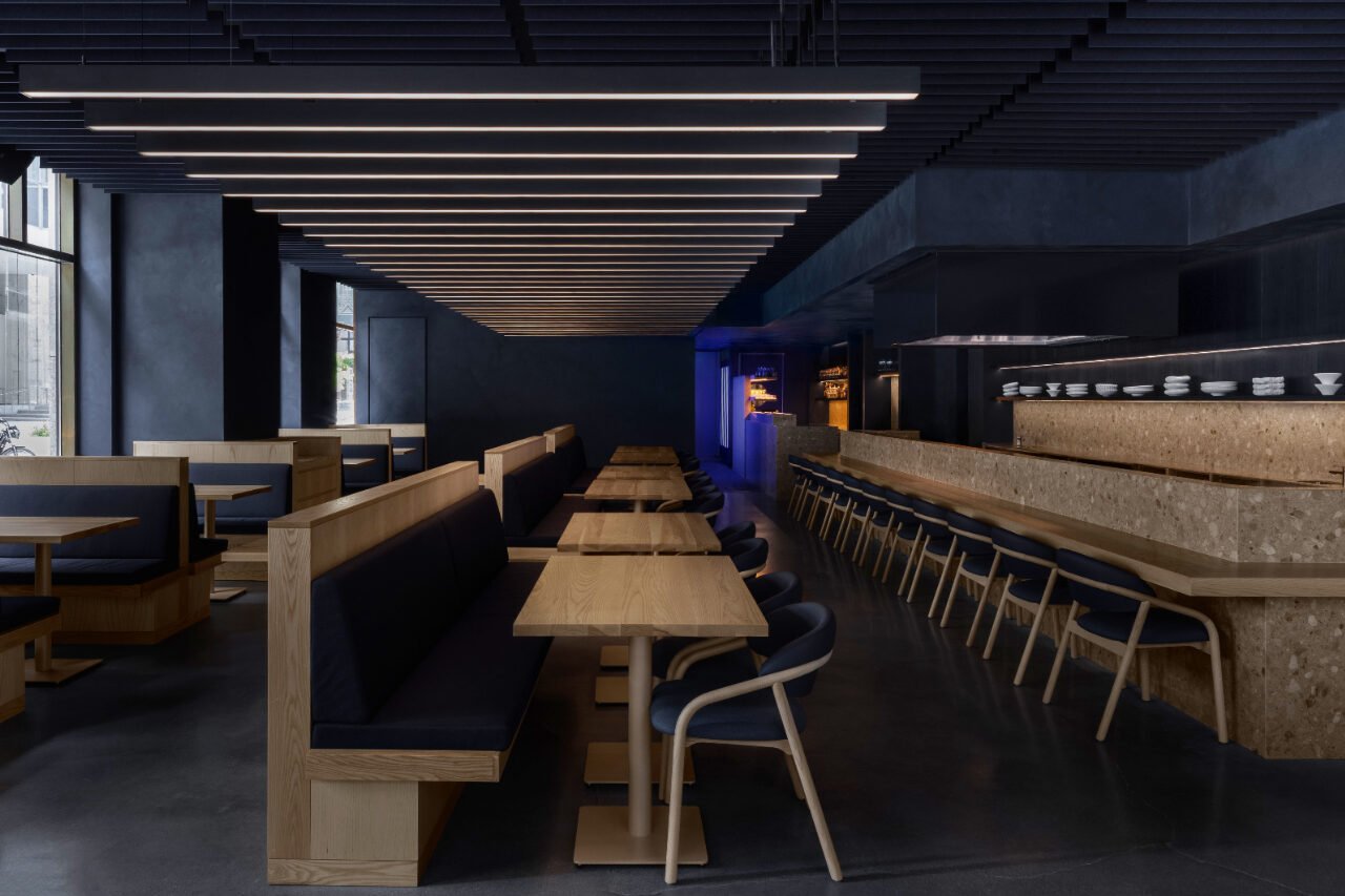 A Modern Japanese Steakhouse Drenched in Denim Hues