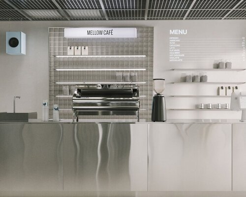 suspended metal grid ceiling meets translucent and reflective surfaces inside french café