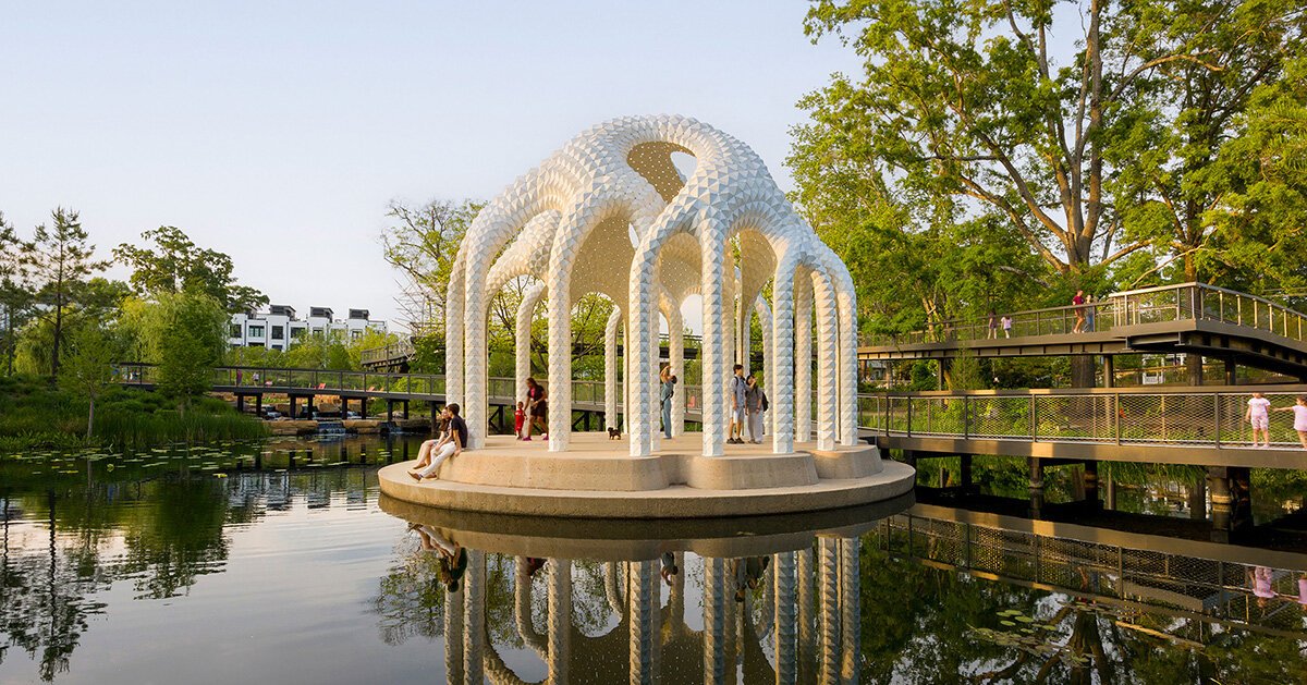 riveted aluminum panels form cocoon-like pavilion by MARC FORNES / THEVERYMANY