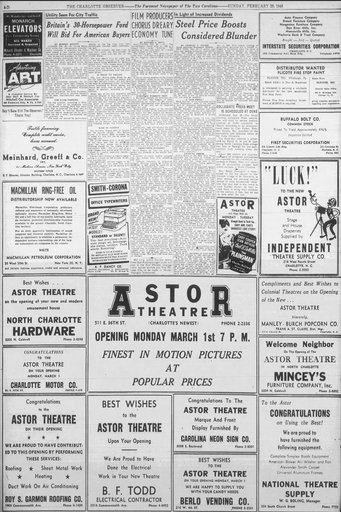 Astor Theatre Opening Newspaper Advertisement
