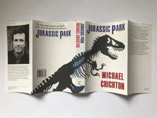 Book jacket from the first UK edition of Jurassic Park