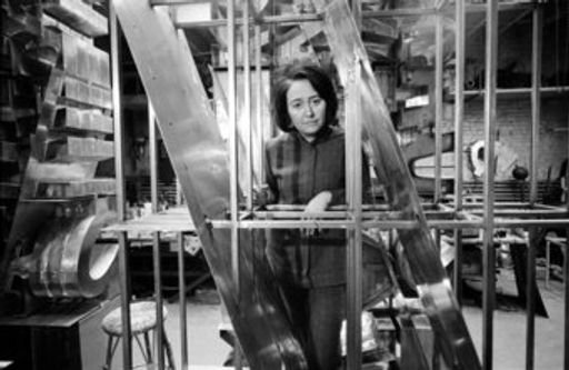 Chryssa in her Brooklyn studio with The Gates to Times Square