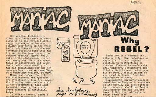 Clippings and works by M.A.N.I.A.C., a Maryland anarchist youth collective