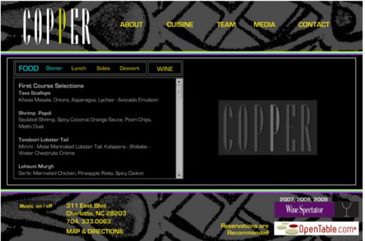 Copper Modern Indian Restaurant Website (2009)