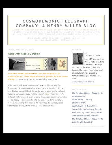 “Cosmodemonic Telegraph Company: A Henry Miller Blog”