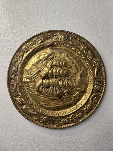 Decorative Brass Relief Plate with Galleon Ship