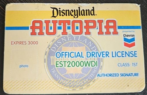Disneyland Autopia Souvenir Drivers License