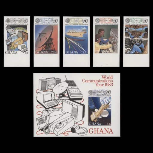 Ghana 1983 (variety) World Communications Year imperf singles and miniature stamp sheet