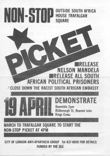Leaflet for the launch of the Non-Stop Picket, 19 April 1986 (Source: City Group)