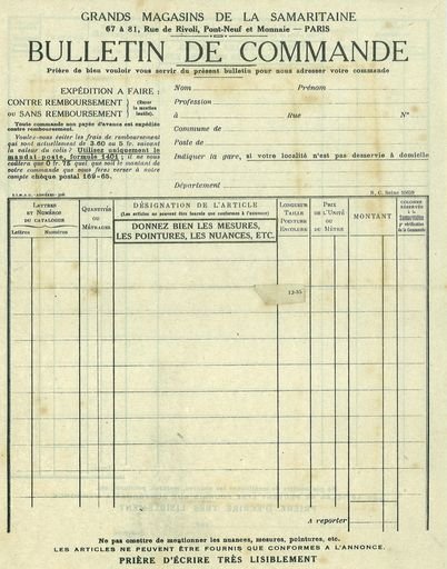 Order form for the Grands Magasins de la Samaritaine