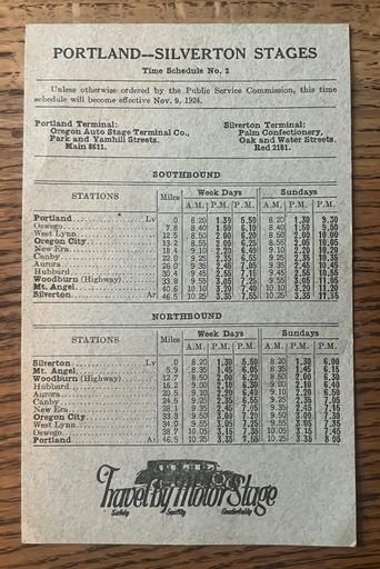 Portland–Silverton Motor Stage timetable