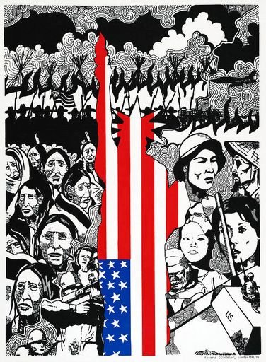 Poster showing composite drawing juxtaposing North American Indians with Vietnamese, with flag in shape of Statue of Liberty superimposed