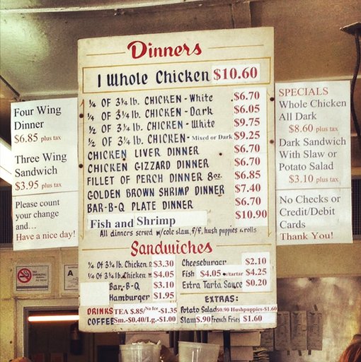 Price's Chicken Coop Menu Board