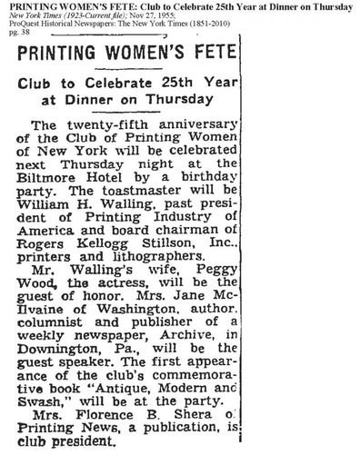 “PRINTING WOMEN’S FETE: Club to Celebrate 25th Year at Dinner on Thursday”