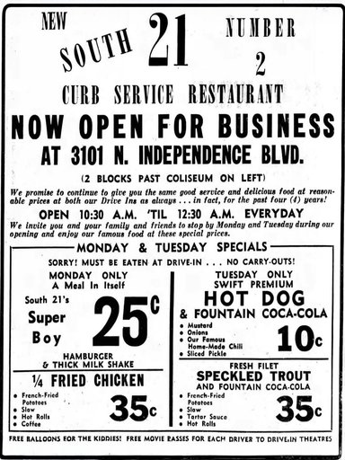 South 21 Drive-In Menu Ad